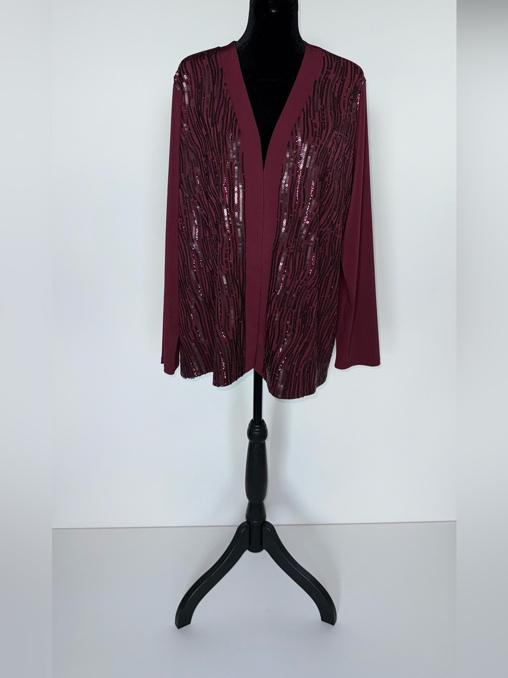 Bob Mackie Wearable Art L Burgundy Sequin Open Front Cardigan Jacket